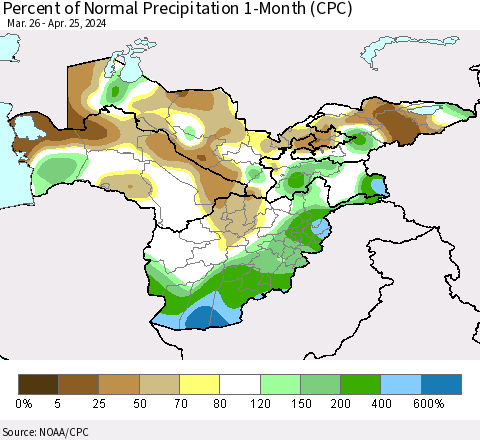 Central Asia Percent of Normal Precipitation 1-Month (CPC) Thematic Map For 3/26/2024 - 4/25/2024