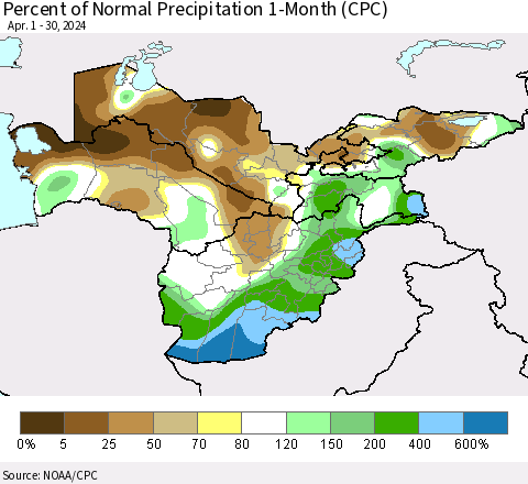 Central Asia Percent of Normal Precipitation 1-Month (CPC) Thematic Map For 4/1/2024 - 4/30/2024
