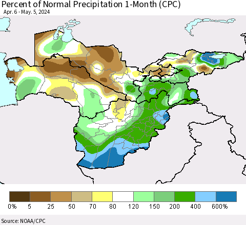Central Asia Percent of Normal Precipitation 1-Month (CPC) Thematic Map For 4/6/2024 - 5/5/2024