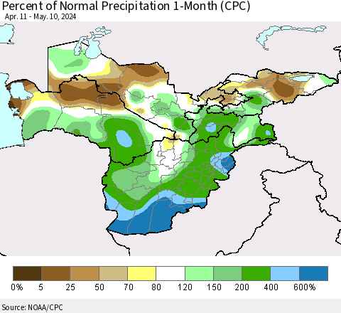 Central Asia Percent of Normal Precipitation 1-Month (CPC) Thematic Map For 4/11/2024 - 5/10/2024