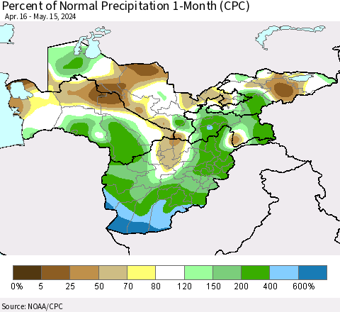 Central Asia Percent of Normal Precipitation 1-Month (CPC) Thematic Map For 4/16/2024 - 5/15/2024