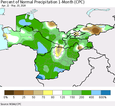 Central Asia Percent of Normal Precipitation 1-Month (CPC) Thematic Map For 4/21/2024 - 5/20/2024
