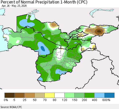 Central Asia Percent of Normal Precipitation 1-Month (CPC) Thematic Map For 4/26/2024 - 5/25/2024