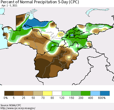 Central Asia Percent of Normal Precipitation 5-Day (CPC) Thematic Map For 4/1/2021 - 4/5/2021