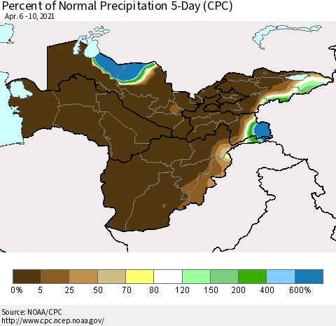 Central Asia Percent of Normal Precipitation 5-Day (CPC) Thematic Map For 4/6/2021 - 4/10/2021