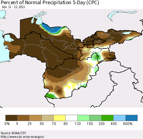 Central Asia Percent of Normal Precipitation 5-Day (CPC) Thematic Map For 4/11/2021 - 4/15/2021