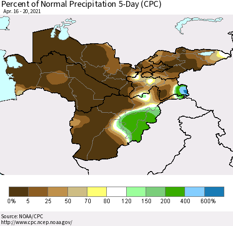Central Asia Percent of Normal Precipitation 5-Day (CPC) Thematic Map For 4/16/2021 - 4/20/2021