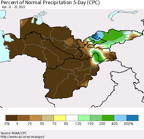 Central Asia Percent of Normal Precipitation 5-Day (CPC) Thematic Map For 4/21/2021 - 4/25/2021