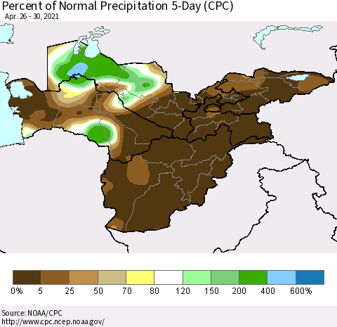 Central Asia Percent of Normal Precipitation 5-Day (CPC) Thematic Map For 4/26/2021 - 4/30/2021