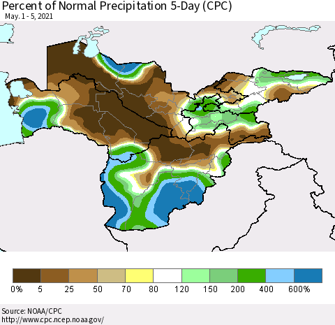 Central Asia Percent of Normal Precipitation 5-Day (CPC) Thematic Map For 5/1/2021 - 5/5/2021