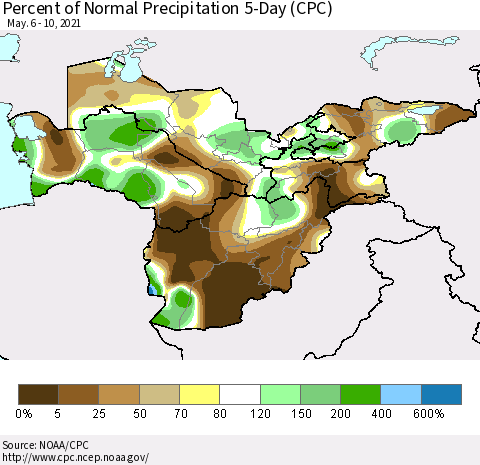 Central Asia Percent of Normal Precipitation 5-Day (CPC) Thematic Map For 5/6/2021 - 5/10/2021