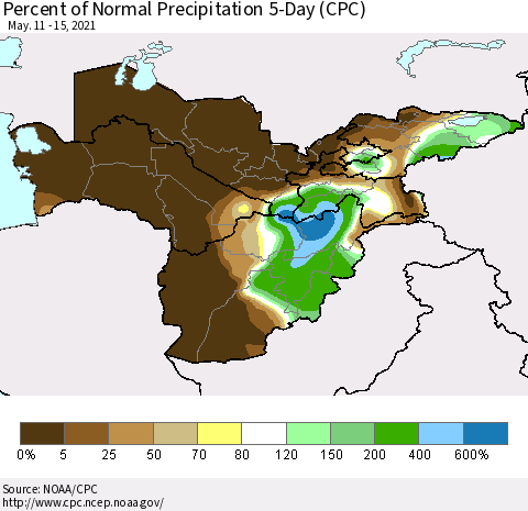 Central Asia Percent of Normal Precipitation 5-Day (CPC) Thematic Map For 5/11/2021 - 5/15/2021