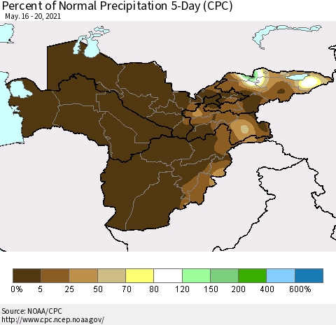 Central Asia Percent of Normal Precipitation 5-Day (CPC) Thematic Map For 5/16/2021 - 5/20/2021