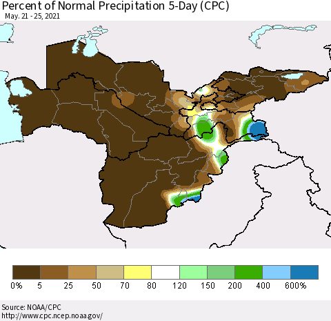 Central Asia Percent of Normal Precipitation 5-Day (CPC) Thematic Map For 5/21/2021 - 5/25/2021