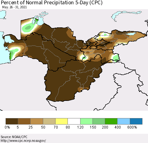 Central Asia Percent of Normal Precipitation 5-Day (CPC) Thematic Map For 5/26/2021 - 5/31/2021
