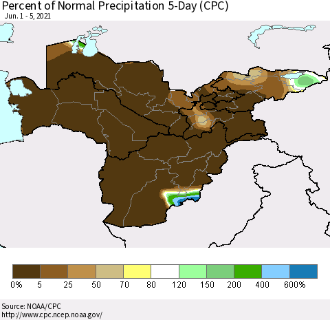 Central Asia Percent of Normal Precipitation 5-Day (CPC) Thematic Map For 6/1/2021 - 6/5/2021