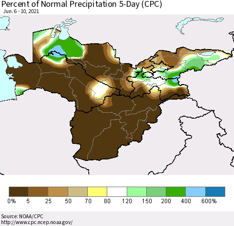 Central Asia Percent of Normal Precipitation 5-Day (CPC) Thematic Map For 6/6/2021 - 6/10/2021