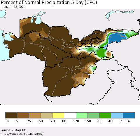 Central Asia Percent of Normal Precipitation 5-Day (CPC) Thematic Map For 6/11/2021 - 6/15/2021