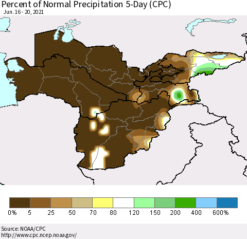 Central Asia Percent of Normal Precipitation 5-Day (CPC) Thematic Map For 6/16/2021 - 6/20/2021
