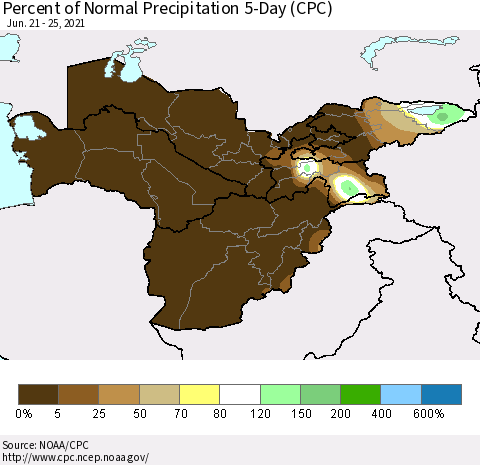 Central Asia Percent of Normal Precipitation 5-Day (CPC) Thematic Map For 6/21/2021 - 6/25/2021
