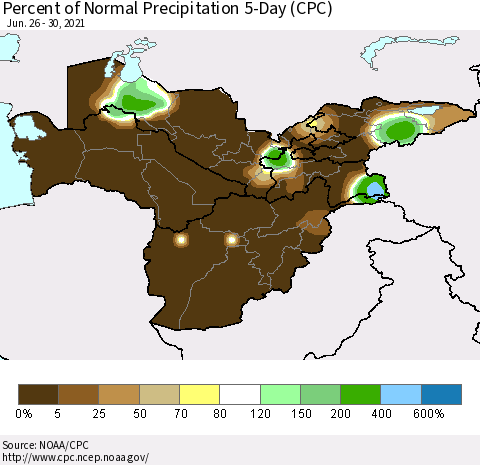 Central Asia Percent of Normal Precipitation 5-Day (CPC) Thematic Map For 6/26/2021 - 6/30/2021