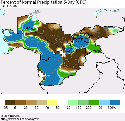 Central Asia Percent of Normal Precipitation 5-Day (CPC) Thematic Map For 7/1/2021 - 7/5/2021