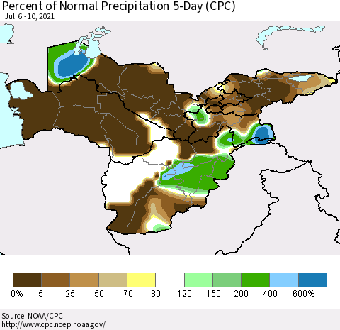 Central Asia Percent of Normal Precipitation 5-Day (CPC) Thematic Map For 7/6/2021 - 7/10/2021