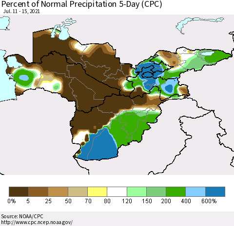 Central Asia Percent of Normal Precipitation 5-Day (CPC) Thematic Map For 7/11/2021 - 7/15/2021