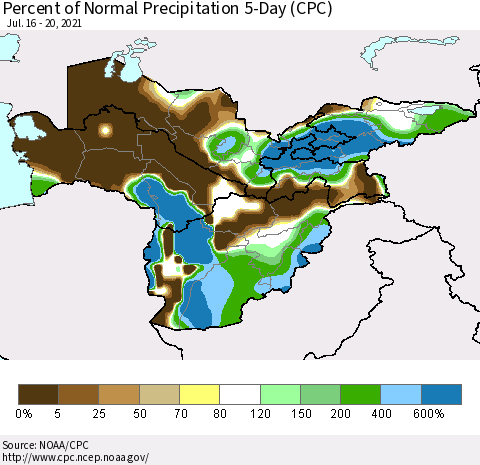 Central Asia Percent of Normal Precipitation 5-Day (CPC) Thematic Map For 7/16/2021 - 7/20/2021