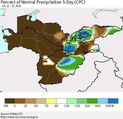 Central Asia Percent of Normal Precipitation 5-Day (CPC) Thematic Map For 7/21/2021 - 7/25/2021