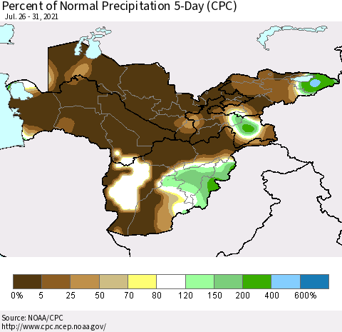 Central Asia Percent of Normal Precipitation 5-Day (CPC) Thematic Map For 7/26/2021 - 7/31/2021