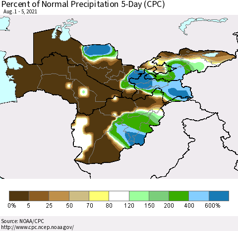 Central Asia Percent of Normal Precipitation 5-Day (CPC) Thematic Map For 8/1/2021 - 8/5/2021
