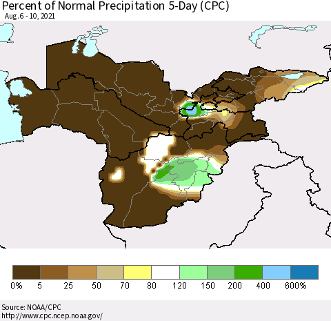 Central Asia Percent of Normal Precipitation 5-Day (CPC) Thematic Map For 8/6/2021 - 8/10/2021