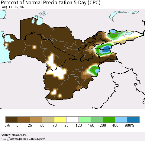 Central Asia Percent of Normal Precipitation 5-Day (CPC) Thematic Map For 8/11/2021 - 8/15/2021