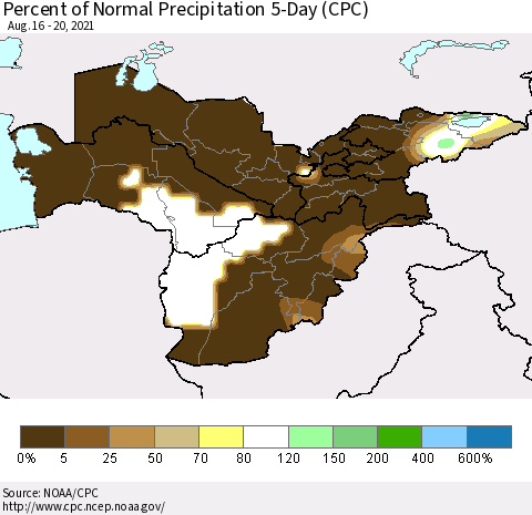 Central Asia Percent of Normal Precipitation 5-Day (CPC) Thematic Map For 8/16/2021 - 8/20/2021