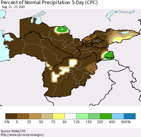 Central Asia Percent of Normal Precipitation 5-Day (CPC) Thematic Map For 8/21/2021 - 8/25/2021