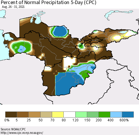 Central Asia Percent of Normal Precipitation 5-Day (CPC) Thematic Map For 8/26/2021 - 8/31/2021