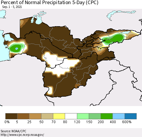 Central Asia Percent of Normal Precipitation 5-Day (CPC) Thematic Map For 9/1/2021 - 9/5/2021