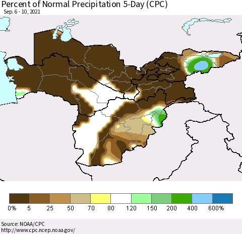 Central Asia Percent of Normal Precipitation 5-Day (CPC) Thematic Map For 9/6/2021 - 9/10/2021