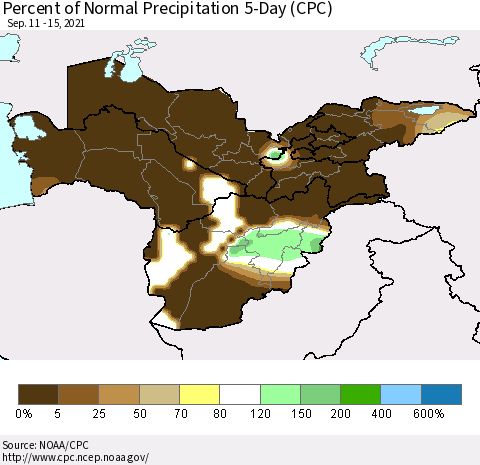 Central Asia Percent of Normal Precipitation 5-Day (CPC) Thematic Map For 9/11/2021 - 9/15/2021