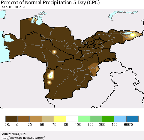 Central Asia Percent of Normal Precipitation 5-Day (CPC) Thematic Map For 9/16/2021 - 9/20/2021