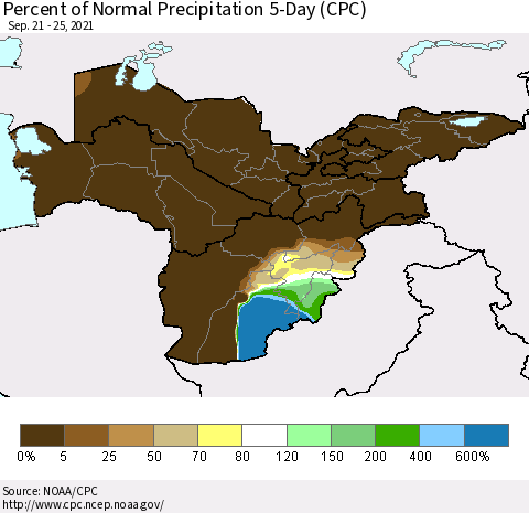 Central Asia Percent of Normal Precipitation 5-Day (CPC) Thematic Map For 9/21/2021 - 9/25/2021