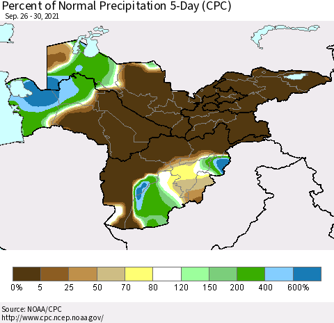 Central Asia Percent of Normal Precipitation 5-Day (CPC) Thematic Map For 9/26/2021 - 9/30/2021