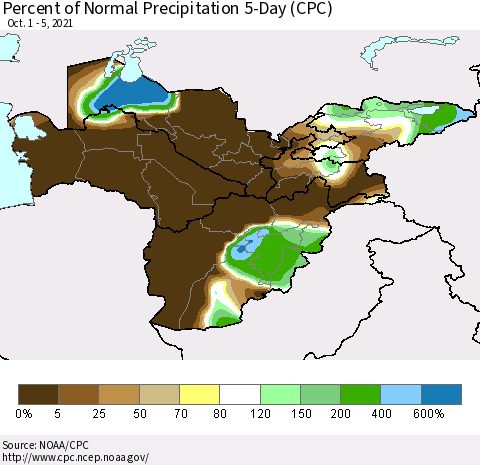 Central Asia Percent of Normal Precipitation 5-Day (CPC) Thematic Map For 10/1/2021 - 10/5/2021