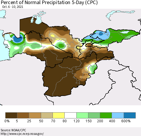 Central Asia Percent of Normal Precipitation 5-Day (CPC) Thematic Map For 10/6/2021 - 10/10/2021