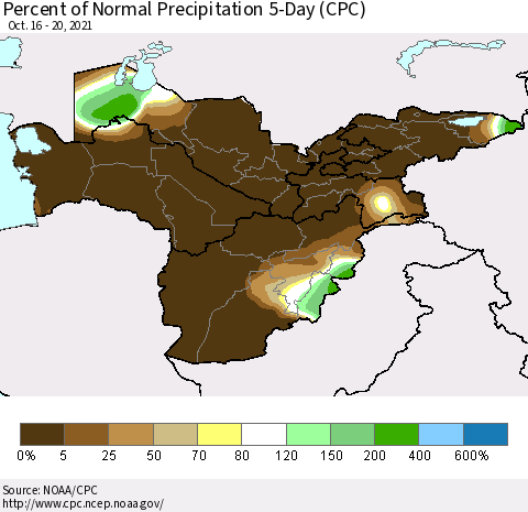 Central Asia Percent of Normal Precipitation 5-Day (CPC) Thematic Map For 10/16/2021 - 10/20/2021