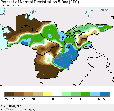 Central Asia Percent of Normal Precipitation 5-Day (CPC) Thematic Map For 10/21/2021 - 10/25/2021