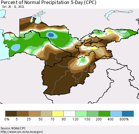 Central Asia Percent of Normal Precipitation 5-Day (CPC) Thematic Map For 10/26/2021 - 10/31/2021
