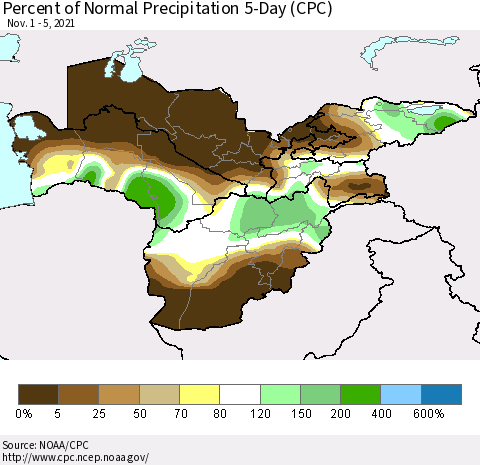 Central Asia Percent of Normal Precipitation 5-Day (CPC) Thematic Map For 11/1/2021 - 11/5/2021