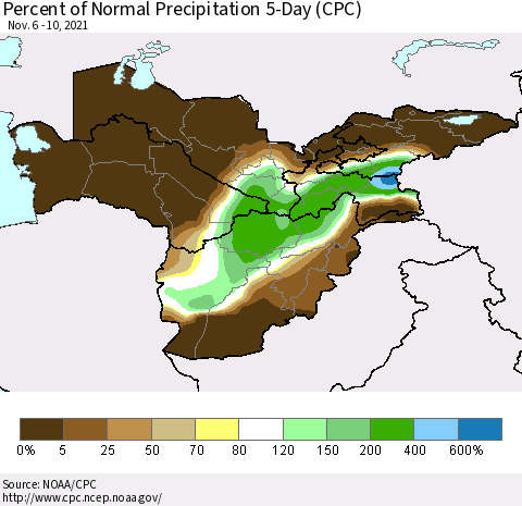 Central Asia Percent of Normal Precipitation 5-Day (CPC) Thematic Map For 11/6/2021 - 11/10/2021